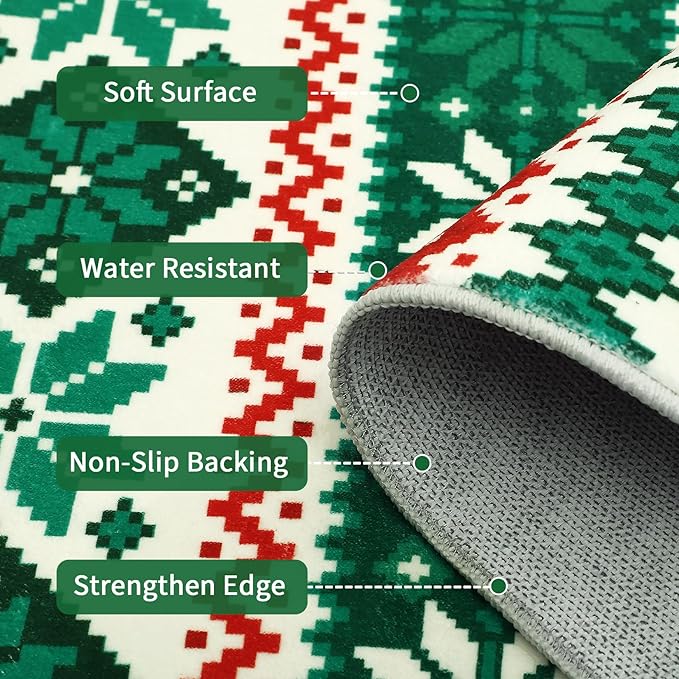 Christmas Living Room Area Rug 8x10 Large Washable Rug Indoor Non-Slip Low Pile Throw Floor Covers Xmas Decorative Boho Accent Rug Farmhouse Rugs Rustic Festival Carpet for Bedroom Dining Room, Green