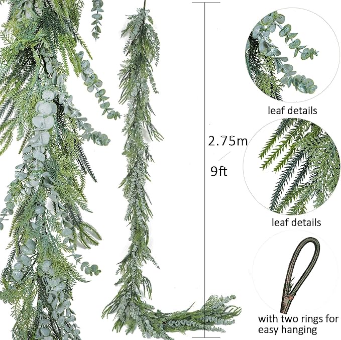 9ft Handmade Christmas Garland,Artificial Eucalyptus Cedar Pine Needles Greenery Seasonal Garland for Christmas Fireplace Winter Holiday Indoor Outdoor Decoration