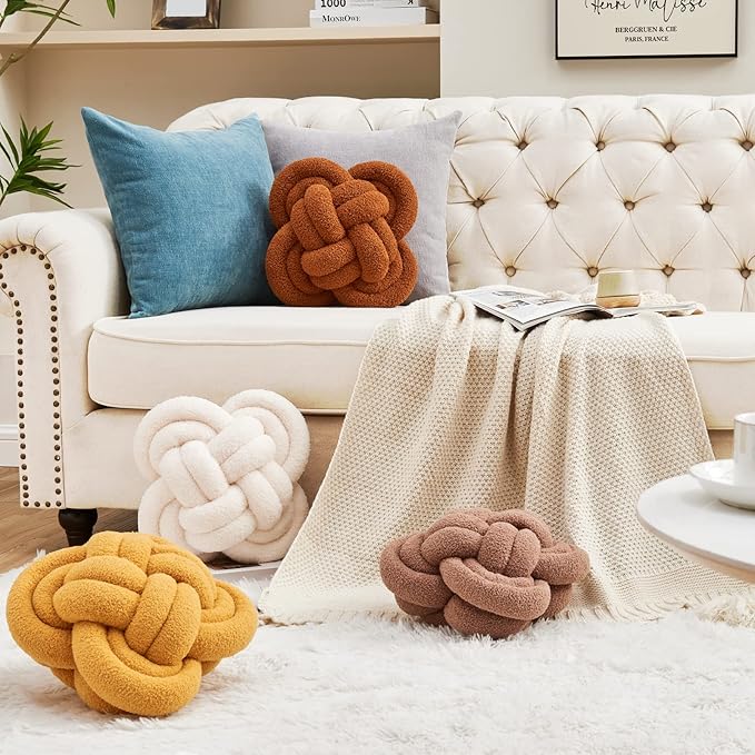 Xiashrk Knot Pillow Ball, 12" Soft Decorative Throw Pillows for Couch Bed, Dark Khaki Knotted Plush Throw Pillow Handmade Square Cushion Home Couch Decor Pillows for Living Room