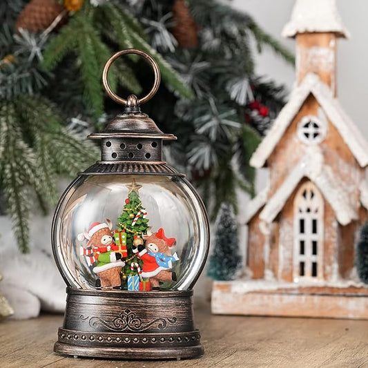 Christmas Snow Globes Lantern, Winter Scene with Yak Christmas Tree, Musical Snowglobe with LED Lights & 6h Timer Swirling Glitter Decortaions Gifts, USB/Battery Powered