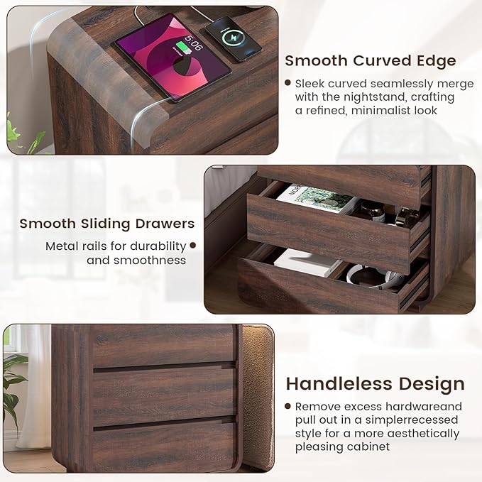 Modern Nightstand Set of 2, 23.2" Wide Wood Bedside Table with Charging Station, 3 Storage Drawers Side Table Curved Profile, Handleless, Large End Table Night Stand for Bedroom, Walnut 
