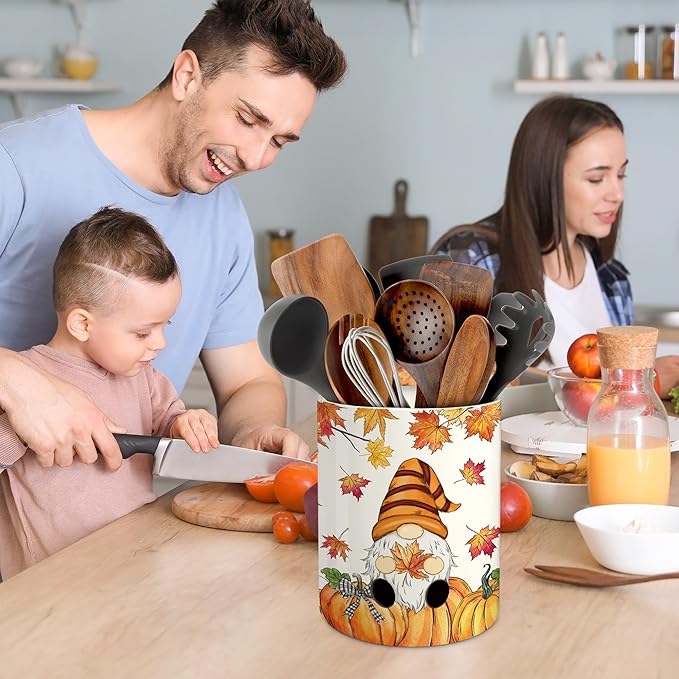 pinata Fall Kitchen Decor Ceramic Utensil Holder, Farmhouse Fall Gnome Pumpkin Utensils Holder, Ceramic Utensils Crock for Rustic Indoor Kitchen Decorations(6.3 Inches)