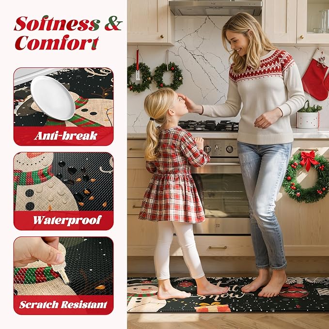 Christmas Snowman Kitchen Mat, Non Skid Cushioned Kitchen Floor Mats Sets of 2 Waterproof Anti Fatigue Kitchen Rug, Winter Xmas Tree Mat Black Comfort Standing Rugs for Holiday Decor 17x30+17x47inch