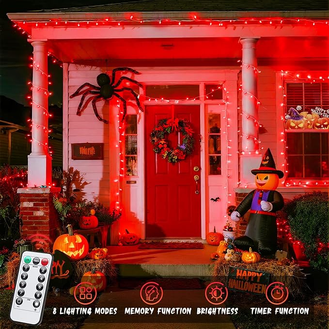 JMEXSUSS Red Halloween Lights Battery Operated, 33ft 100 LED Halloween Lights Indoor Outdoor with Remote, Red String Light for Tree Yard House Patio Decor