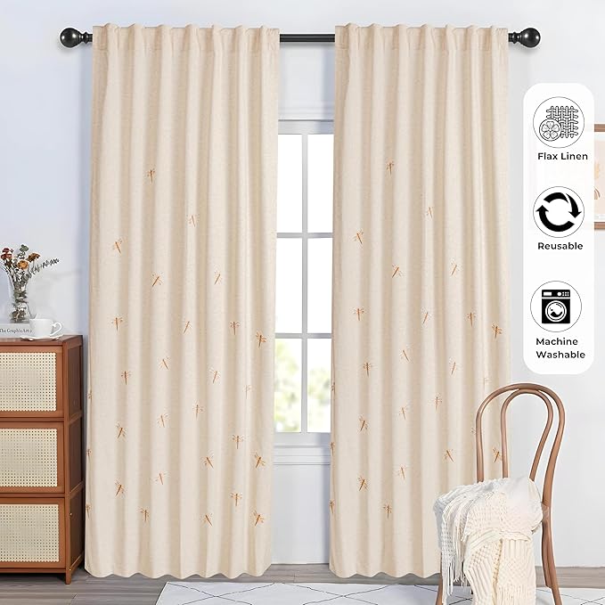 Natural Flax Linen Curtains 50x96 Inch –Brown Taupe with Dragonfly Embroidery, Room Darkening for Bedroom & Living Room