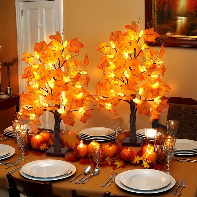 2 Pack 24 Inch Artificial Lighted Maple Tree with 48 LEDs Timer Fall Thanksgiving Decorations Battery Operated Prelit Maple Tree Table Lights for Thanksgiving Decor Home Indoor Autumn Harvest
