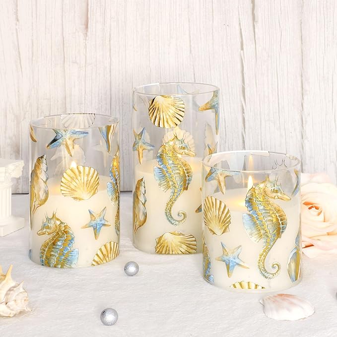 Flameless Candles x3 with Set Remote Christmas Bronzing Glass Golden Seahorse Shell Starfish Ocean Timer 24hrs-Cycled Home Decor Gift Wedding Party Room Table Centerpieces