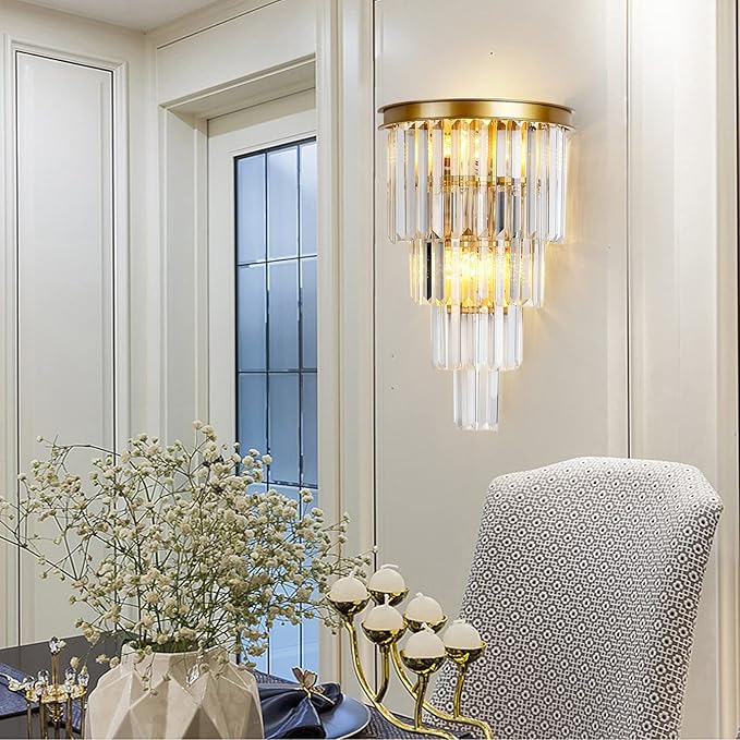 Gold Crystal Wall Sconce, Modern 4-Tiers Crystal Wall Lights for Living Room, Clear K9 Crystal Wall Lamps, Wall Mount Dining Room Kitchen Bedroom Hallway Lighting Fixtures