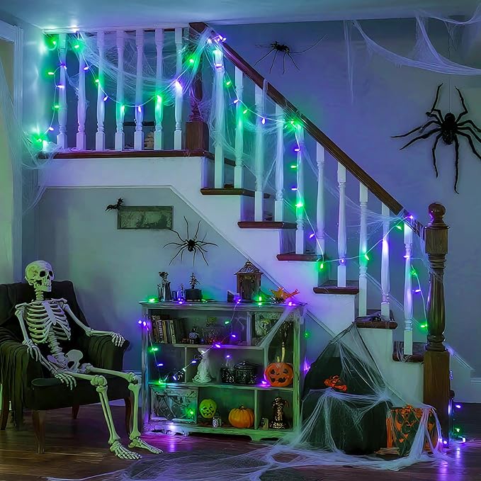 JMEXSUSS Connectable Purple and Green Halloween Lights Plug-in, 8 Modes 100 LED Twinkle String Light Indoor, Clear Wire Christmas Lights Outdoor Waterproof for Halloween Christmas Decor