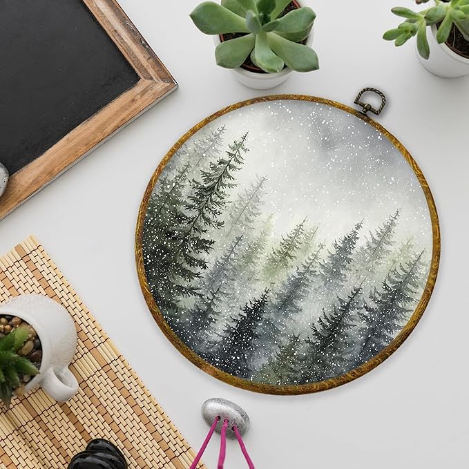 XPH Rustic Christmas Forest Tree Round Wall Art Framed, Farmhouse Winter Pine Tree Landscape Circle Wall Decor, Cozy Winter Hanging Canvas Prints for Home Bedroom Living Room Decoration, 10x10 Inch