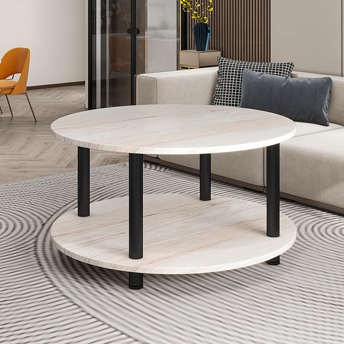 23.6" Round Coffee Table, 2-Tier Small Circle Coffee Table with Storage, Modern Center Accent Table with Metal Frame, Side Table End Table for Small Space, Living Room, Office, Teak Oak