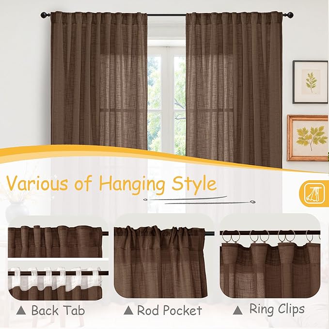 YoungsTex Short Linen Semi Sheer Curtains 40 Inch Length for Kitchen Window - Chocolate Brown Light Filtering Drapes with Rod Pocket Back Tab for Cafe Bathroom Window, 2 Panels, 34 X 40 Inch