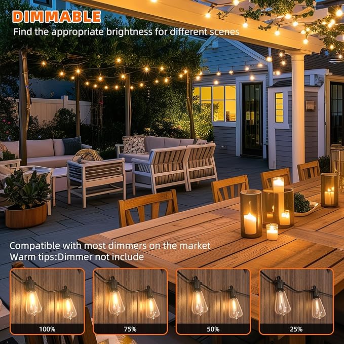 Kawaya Outdoor String Lights 100 FT LED Patio Light - 50+2 Shatterproof Vintage Edison Bulbs - 2700K Dimmable IP65 Waterproof Outside Hanging Lighting for Yard Porch Deck Balcony Bistro Cafe Party