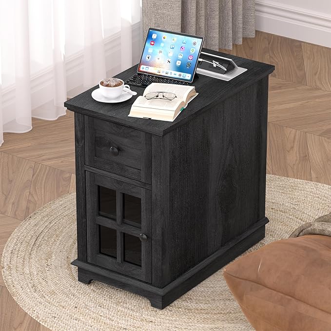 HIFYOBRO Narrow End Table with Flip Top Charging Station Set of 2, Storage Side Table with Drawer and Cabinet, Type-C & USB Port & Power outlets, Wooden Storage Cabinet for Bedroom/Living Room
