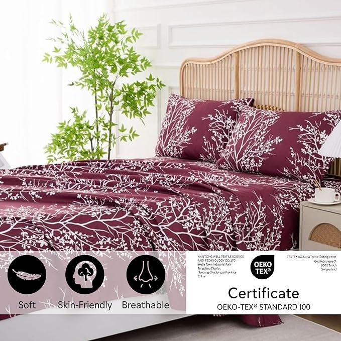 Spirit Linen home Twin Sheets Sets - Pure Microfiber 3 Piece Polyester Bed Sheets, Fitted Sheet & Pillow Cases - Twin Sheets for All Seasons (Foliage Burgundy/White, Twin/Twin XL)