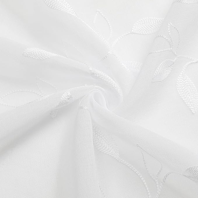 Tollpiz White Leaf Sheer Curtain Leaves Embroidered Bedroom Curtains Rod Pocket Voile Window Treatment for Living Room, 54 x 95 inches Long, Set of 2 Panels