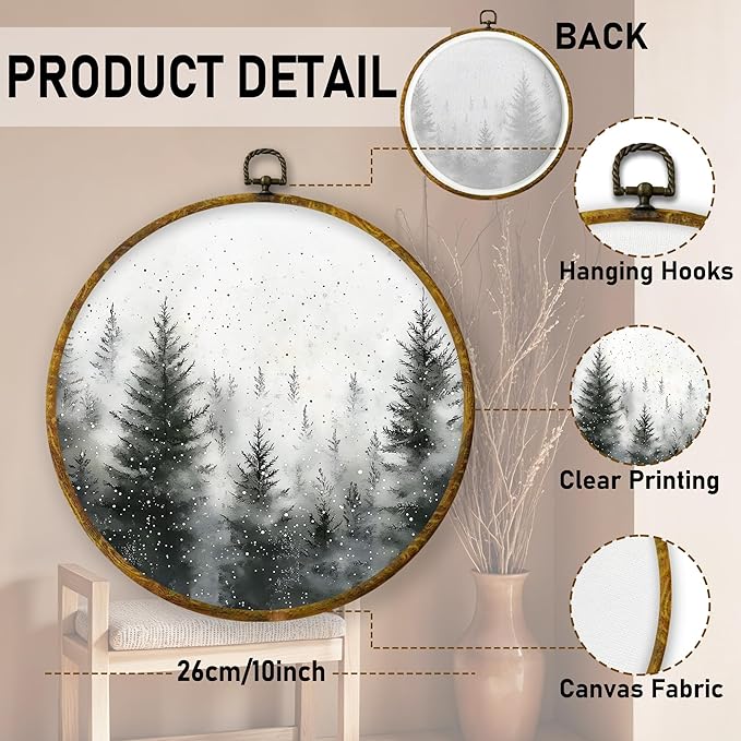 QZQE Pine Tree Winter Round Wall Art Decor Framed, Rustic Snowy Landscape Forest Circle Canvas Prints, Cozy Winter Farmhouse Christmas Wall Hanging Decor for Home Bedroom Living Room, 10x10 Inch