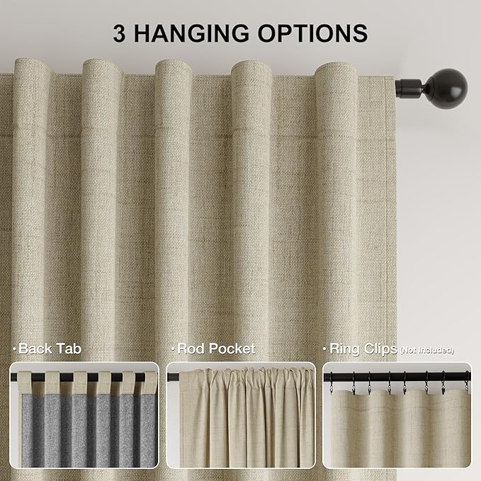 100% Blackout Curtains for Bedroom, Thermal Insulated Curtains 63 Inch Length Curtain 2 Panels, Luxury Soft Farmhouse Linen Textured Full Light Blocking Room Darkening Drapes, W52xL63, Beige