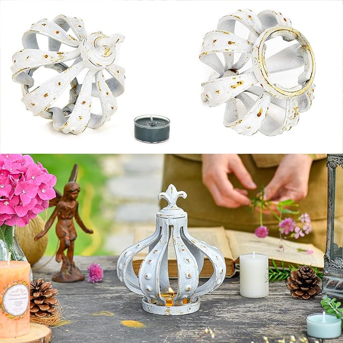 Sungmor Cast Iron Crown Sculpture, Antique White with Rustic Accent, Creative Candle Cover, Centerpiece Art Crown Statue for Tabletop Decor, Bookshelf, Special Occasions