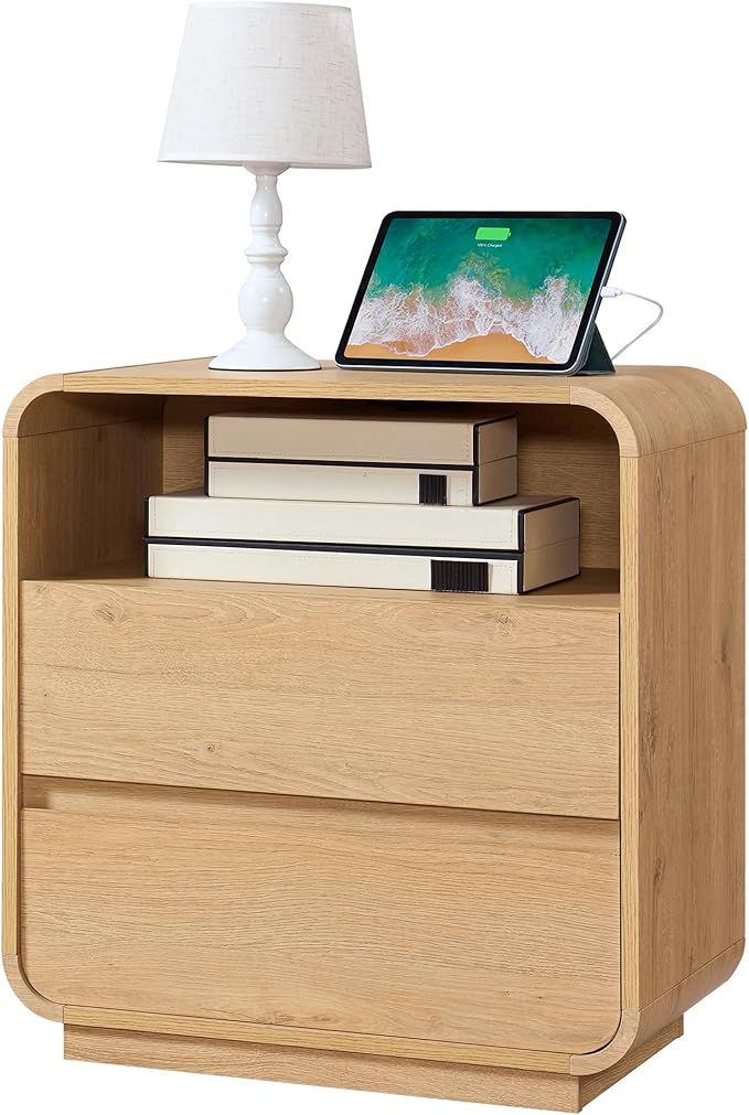 Modern Nightstand, 25" Tall Wood Bedside Table with Charging Station, 2 Storage Drawers Side Table, Large End Table Night Stand for Bedroom, Office, Sofa, Curved Profile Design, Natural