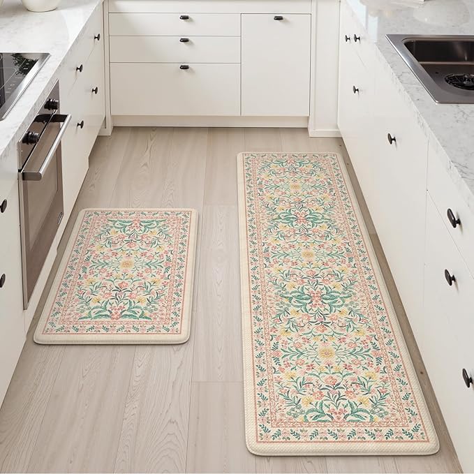 Collive Anti Fatigue Mats for Kitchen Floor, Cushioned Spring Kitchen Mat Comfort Waterproof Padded Sink Rugs Non Slip, Boho Floral Standing Rug for Office, Home Decor, 17"x30"+17"x59", Pink