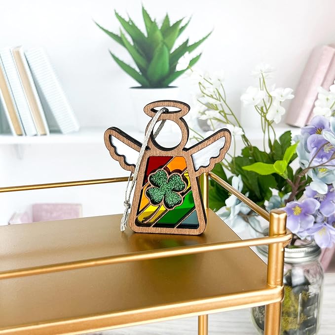 Rainbow Baby Ornament - Lucky Four Leaf Clover Suncatcher - Irish Blessing Decor - Angel Ornaments for Christmas Tree - 3.5" (H)
