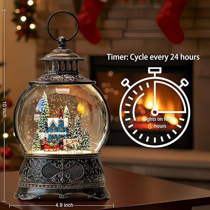 9.8" Christmas Snow Globe Water Lantern with Horse Drawn Carriage Town Scene Battery Operated or USB Powered Musical Lighted Holiday Decoration for Tabletop Display for Family and Friends