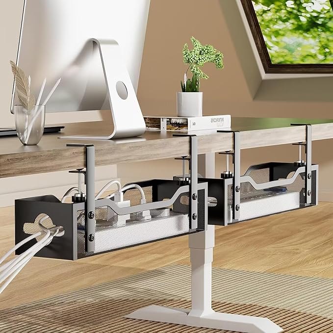 2-Pack Under Desk Cable Management Tray 13.38", Quszmd Cable Organizer No Drill, Standing Cord Organizer and Wire Management Tray - No Damage to Desk, Black