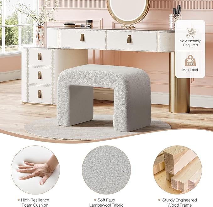 Tribesigns Vanity Stool Chair, Modern Boucle Ottoman Foot Rest for Couch, Large Foot Stool Ottoman, Extra Seating for Living Room, Arched Makeup Stool for Vanity, Fully Assembled, Light Gray, 2 Packs