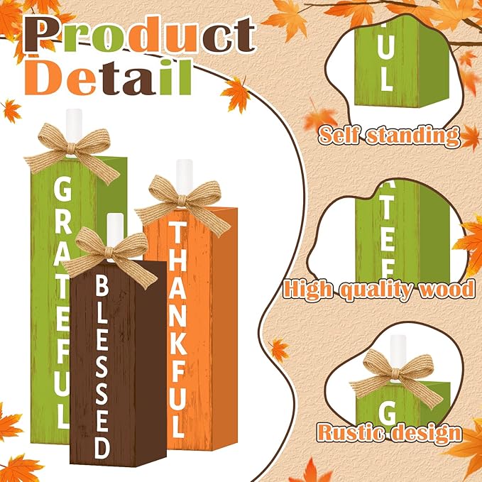 3 Pcs Fall Decorations for Home Wooden Thanksgiving Tiered Tray Decor, Thankful Fall Table Decor Vintage Farmhouse Autumn Harvest Tabletop Centerpieces Table Sign Kitchen Indoor Mantel