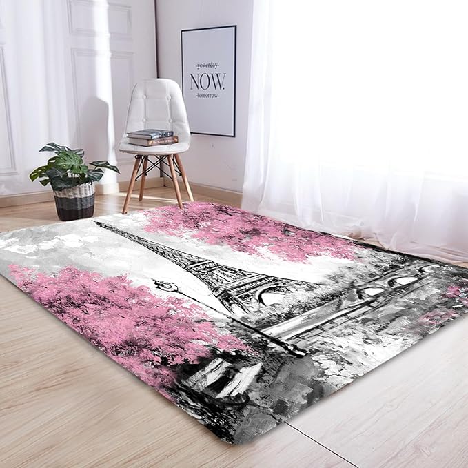 kxry 5 * 7 Feet Pink and White Paris Eiffel Tower Soft Area Rugs for Kids Girls Women Couple Lover Flower Floor Carpet for Living Room Bedroom Dorms Nursery Rooms Home Decor Aesthetic