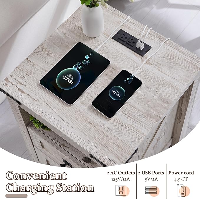 T4TREAM Nightstand with Charging Station, End Table, Side Table with 2 Drawers Storage Cabinet for Bedroom, Living Room, Farmhouse Design, Wood Rustic, Antique Brush White