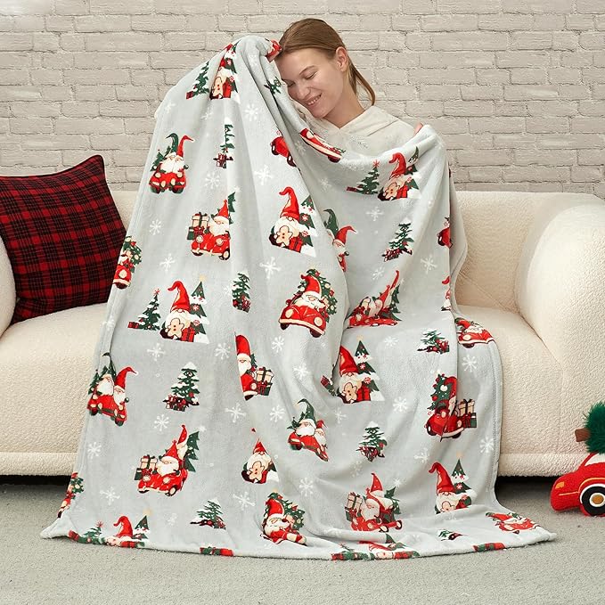Cozy Bliss Gnome Throw Blanket Christmas Blanket Warm Plush Throw Blanket,Ultra Soft Cozy Blanket for Couch,Sofa and Bed(Xmas Gnome in Truck,50"x60")