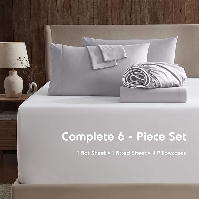 Nestl Extra Deep Full Sheet Set - 6 Piece Breathable & Cooling Sheets - Hotel Luxury Bedding Set w/18-24 Inch Deep Pockets - Easy & Secure Fit - Super Soft, Wrinkle Free & Comfy - Gray Lavender