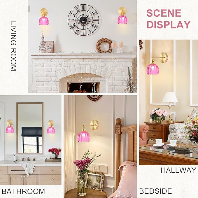 Wall Sconces Set of Two Hardwired, Vintage Sconce Light with Tulip Ruby Red Glass Lampshade, Bathroom Wall Lights with Switch, Gold Wall Light Sconces Wall Decor Set of 2
