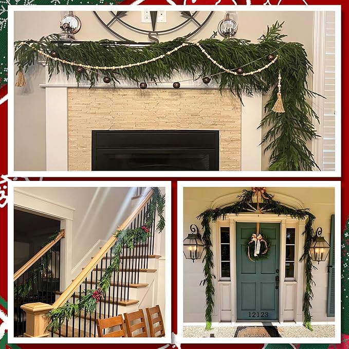 4 Pcs Christmas Norfolk Pine Garland, 6 Ft Dense Norfolk Pine Real Touch Garland, Artificial Pines Greenery Garlands for Christmas Holiday Mantle Fireplace Table Home Decor