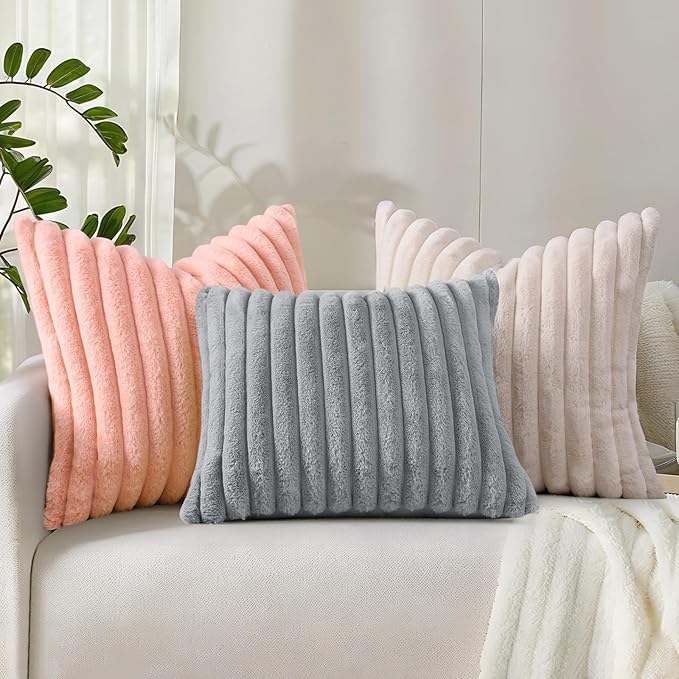 decorUhome Faux Fur Throw Pillow Covers 18x18 Set of 2, Decorative Soft Plush Striped Neutral Couch Euro Pillow Covers with Velvet Back for Sofa, Bed, Living Room Home Decor, Blush Pink