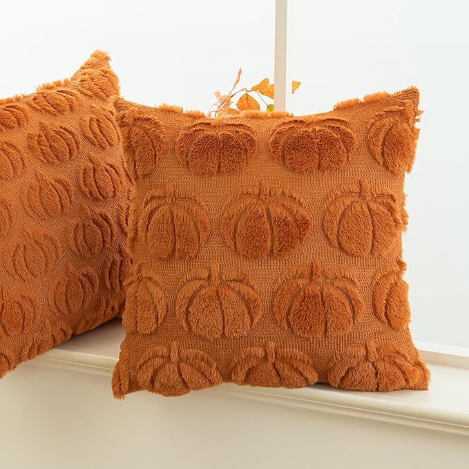 Pumpkin Fall Decorative Throw Pillow Covers 18"x18", Set of 2 Orange Soft Faux Fur Pillow Covers for Autumn Harvest, Fluffy Plush Accent Pillow Cases for Farmhouse Couch Cushion Covers