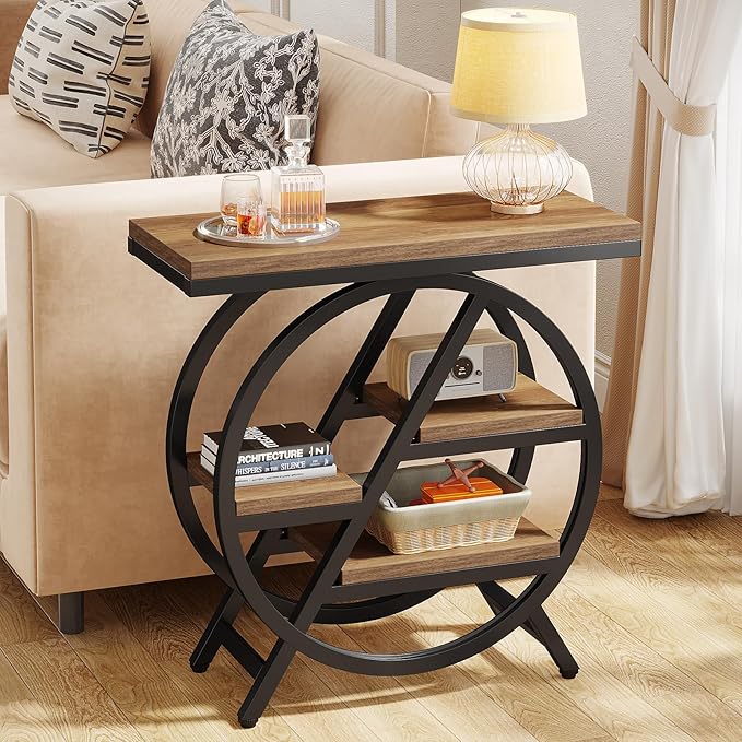 Tribesigns End Table Set of 2, 3-Tier Narrow Sofa Side Table with Storage for Living Room, Wood End Table with Geometric Metal Frame, Industrial Nightstand and Bedside Table for Bedroom, Light Brown