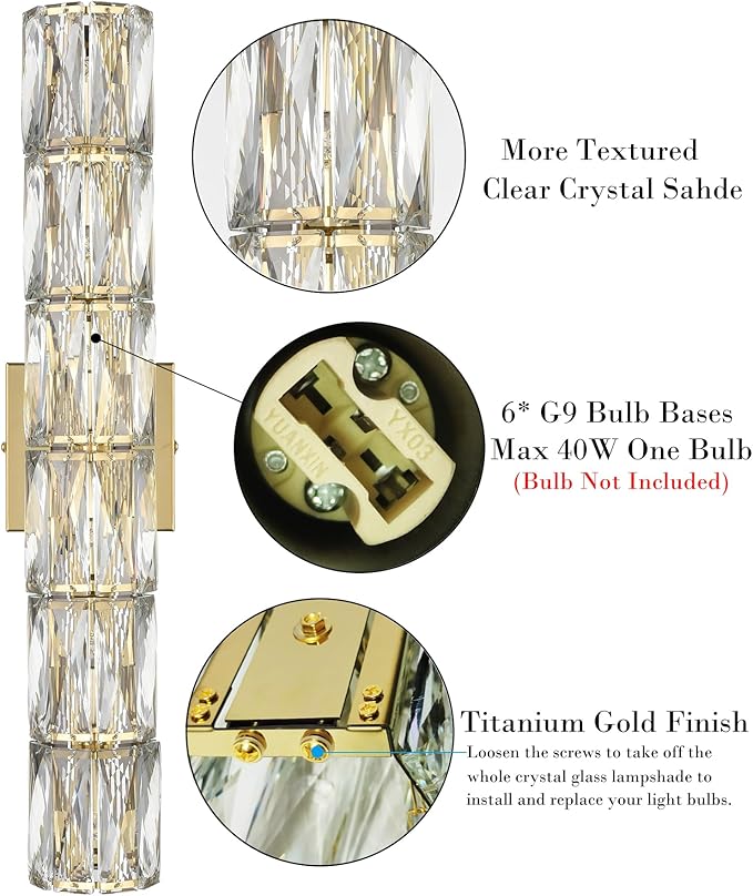 SAMTEEN 23.6-Inch Crystal Wall Sconce Gold Sconces Wall Lighting Mid-Century Modern 6-Light Wall Mount Light Brass Glass Wall Light Fixture for Bathroom Bedroom Hallway