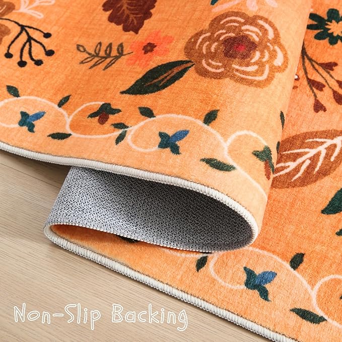 Rugcomf Living Room Rug 6x9 Rug Machine Washable Boho Area Rug Non Slip Floral Vintage Low Pile Large Rug for Living Room, Bedroom, Farmhouse, Dining Room, Kids Playroom(Yellow)