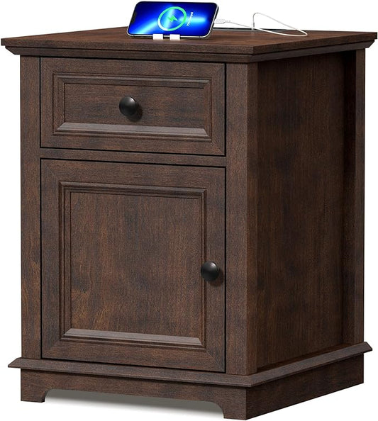 24" Tall End Table with Fast Charging Station, Square Side Table with Drawer & Large Storage Cabinet, Vintage Wooden Table for Living Room/Bedroom, Cherry
