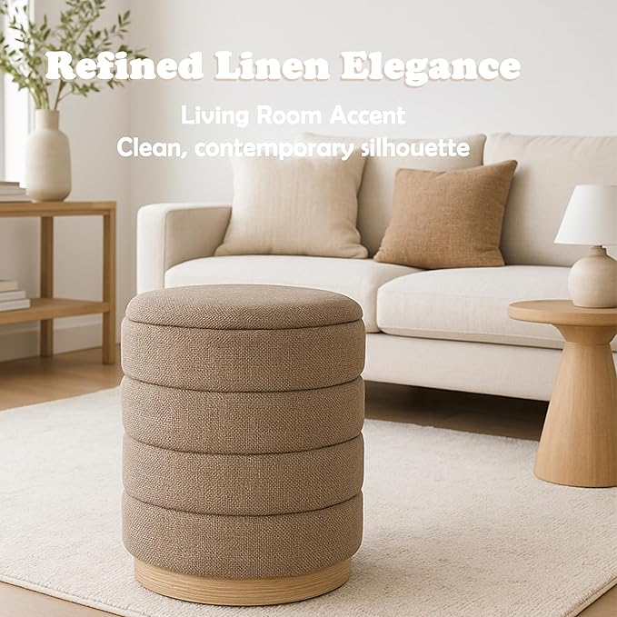 Round Ottoman with Storage โ Elegant Durable Linen Upholstered Footrest Bench for Living Room, Cylinder Vanity Stool โ Brown