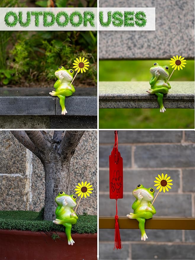 Frog Figurine, Funny Frog Statue with Removable Flower, DIY Customizable Office Home Decor for Living Room Shelf Desk Accessories, Outdoor Yard Garden Decorations, Birthday Gifts for Women