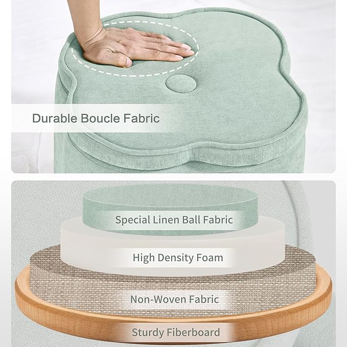 Crestview Collection Foot Rest Ottoman with Storage,Chenille Fabric Flower Ottoman for Living Room, Vanity Stool for Bedroom,Floor Pouf for Home Decor,Seafoam Green,18 inches