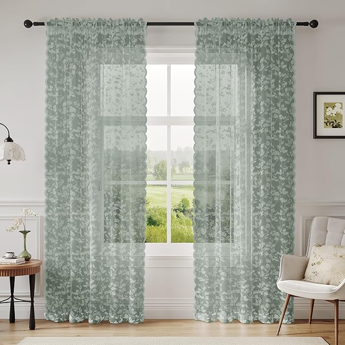 Sage Green Lace Sheer Curtains 63 Inch Length – Vintage Leaf Pattern for Living Room/Bedroom, Light Filtering Rod Pocket Drapes, Privacy Chic Window Treatments, 52W x 63L Inch, 2 Panels