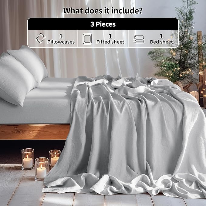 LBRO2M 100% Linen Sheet Set Twin XL Size,Bed Sheets 3 Piece Sets,Solid Color Natural Flax Bed Sheets Soft Breathable Bedding,16" Deep Pocket,All Season (Twin XL, Grey)