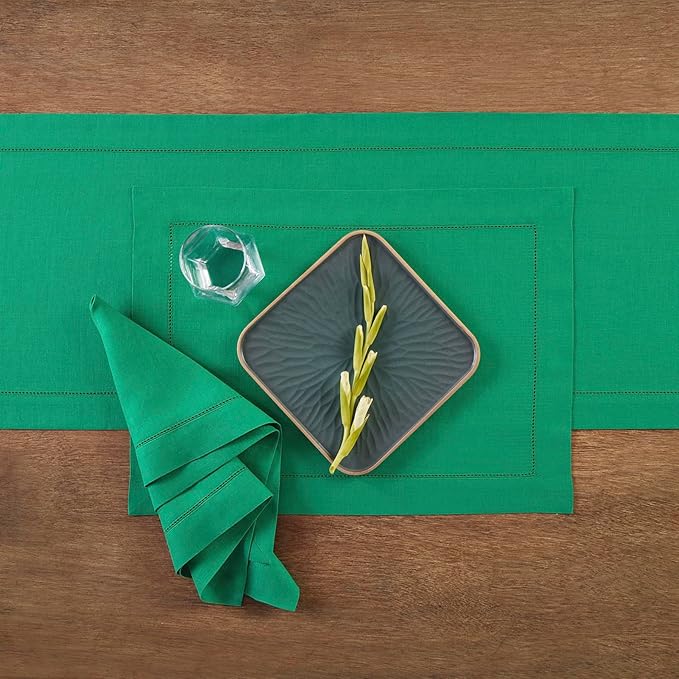 Solino Home Linen Hemstitch Table Runner 120 Inches Long - 100% Pure Linen Emerald Green Table Runner 14 x 120 Inch for Christmas - Classic Hemstitch