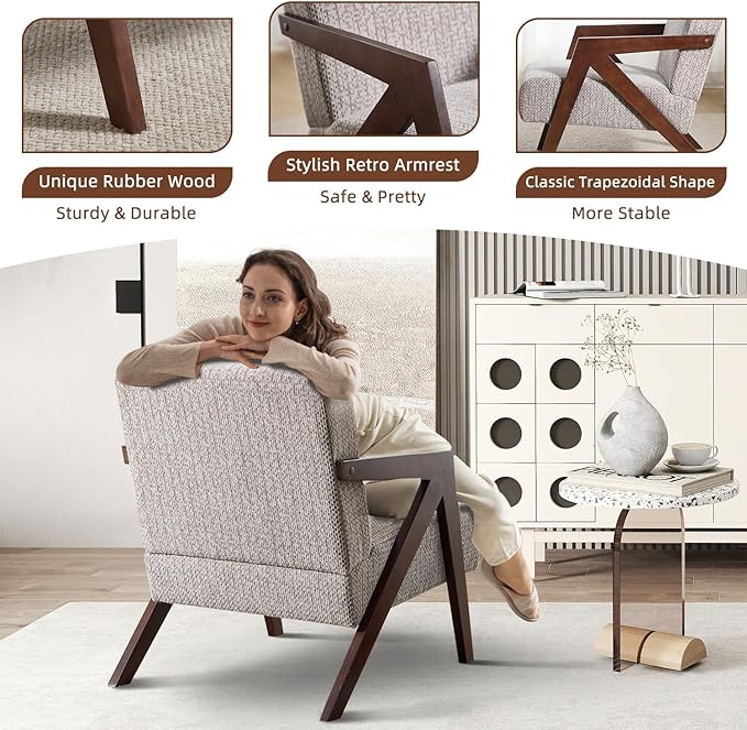 INZOY Accent Chairs Set of 2, Mid Century Modern Accent Chair with Wood Frame, Upholstered Reading Armchair with Soft Linen Fabric, Accent Chair for Living Room Bedroom Apartment, Easy Assembly, Grey