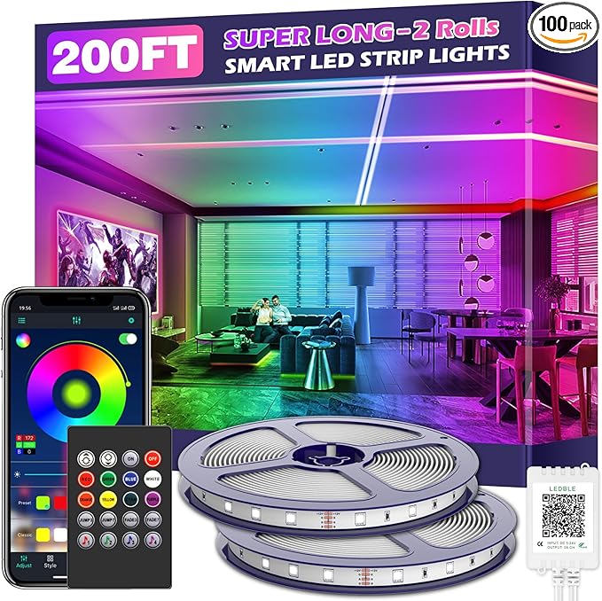 Led Strip Lights,Long Smart Led Light Strips Music Sync 5050 RGB Color Changing Rope Lights,Bluetooth APP/IR Remote/Switch Box Control Led Lights for Bedroom,Home Decoration,Party,Festival (200FT)